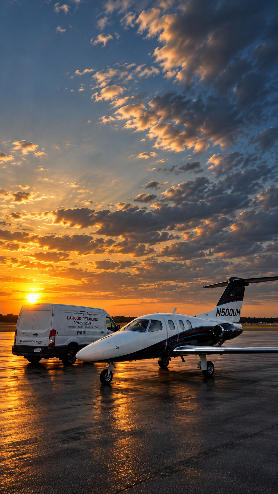 LaHood Detailing van beside a private jet at sunset